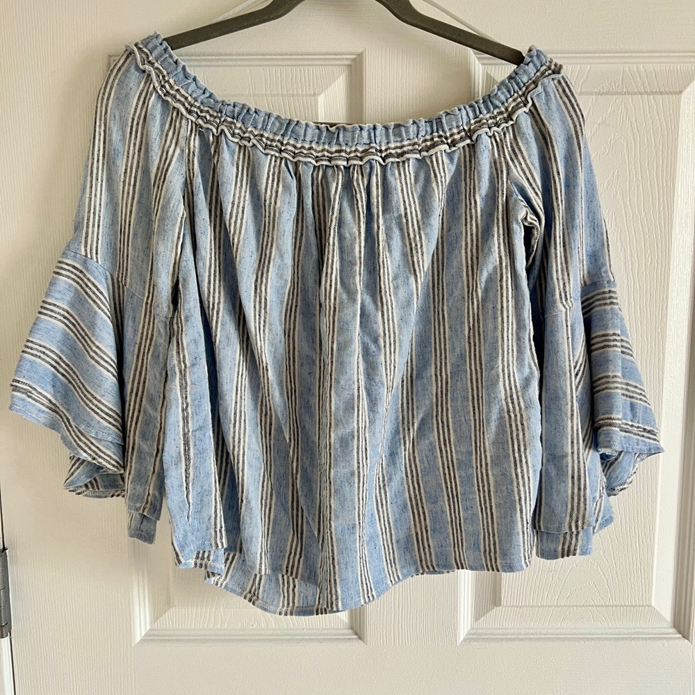 Lucky Brand Blue and White off the Shoulder Blouse